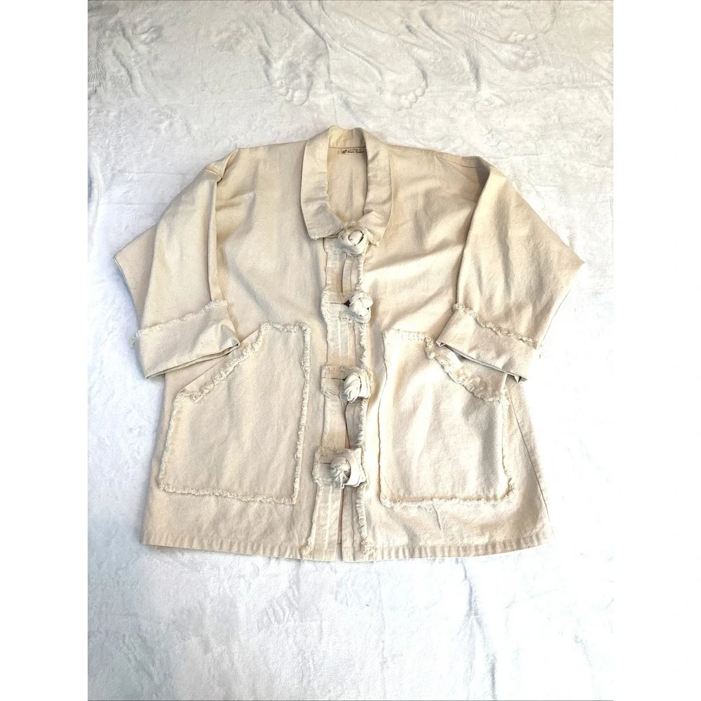 Vtg 70s Handmade Raw Edge Canvas Jacket Men Women Unlined Toggle Oversized Boho